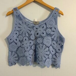 Yaira Womens Light Blue Floral Crochet Crop Top Sleeveless Scalloped Hem Large